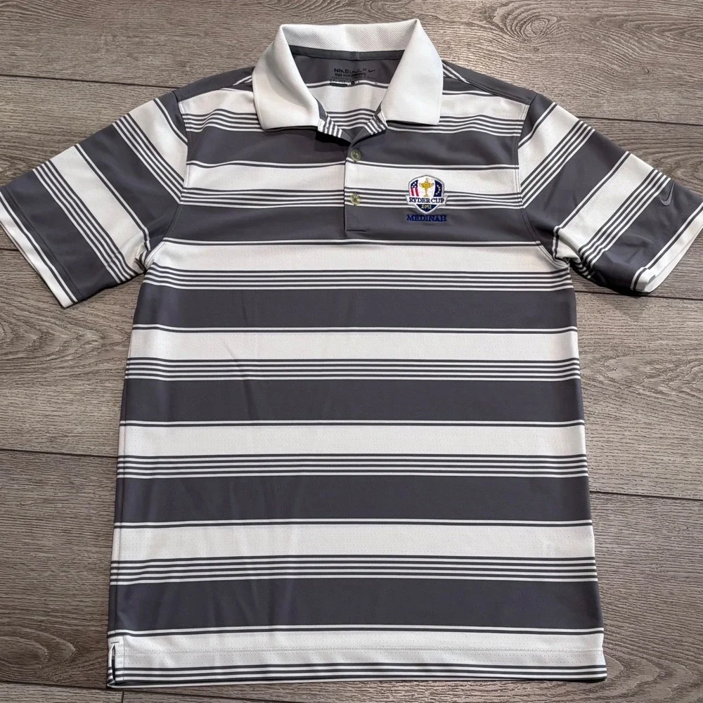 Nike Polo Shirt Mens Small Grey Ryder Cup Medinah Dri-Fit Striped Golf Preppy